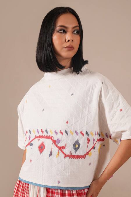 Buy_Indigo Dreams_Ivory Cotton Embroidery High Neck Jamdani Quilted Top With Gingham Skirt 