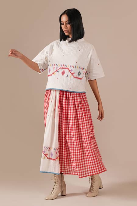 Indigo Dreams Jamdani Quilted Top With Gingham Skirt 