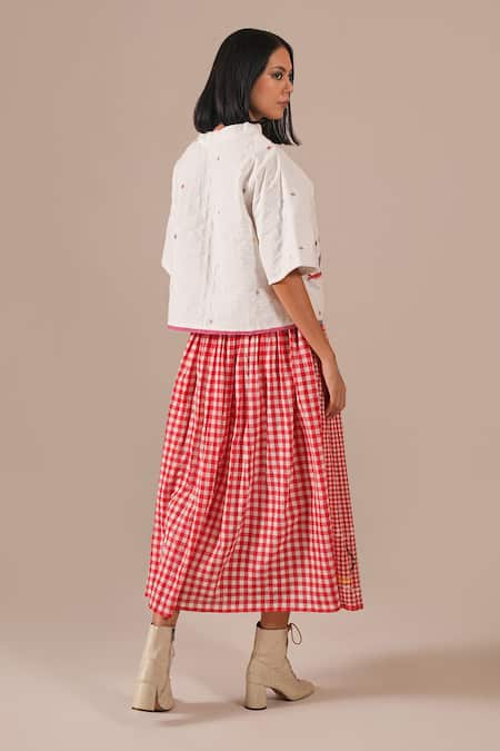 Shop_Indigo Dreams_Ivory Cotton Embroidery High Neck Jamdani Quilted Top With Gingham Skirt 
