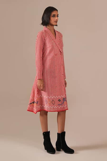 Indigo Dreams_Red Cotton Embroidery Shawl Neck Gingham Jamdani Double-breasted Jacket Dress _Online_at_Aza_Fashions