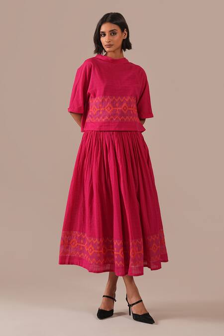 Buy_Indigo Dreams_Pink Cotton Embroidery High Neck Handwoven Jamdani Boxy Top And Gathered Skirt Set _Online_at_Aza_Fashions