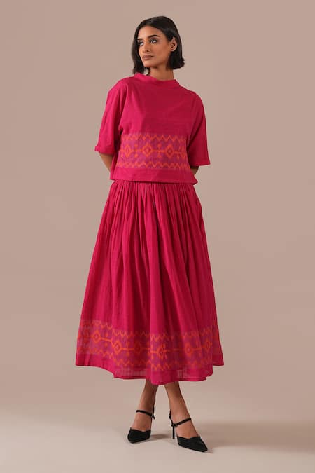 Shop_Indigo Dreams_Pink Cotton Embroidery High Neck Handwoven Jamdani Boxy Top And Gathered Skirt Set _Online_at_Aza_Fashions