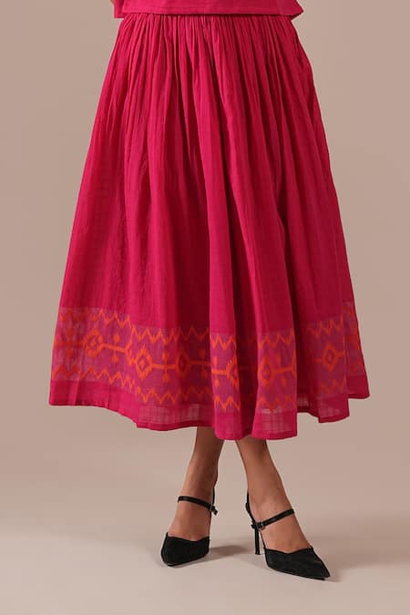 Indigo Dreams_Pink Cotton Embroidery High Neck Handwoven Jamdani Boxy Top And Gathered Skirt Set _at_Aza_Fashions