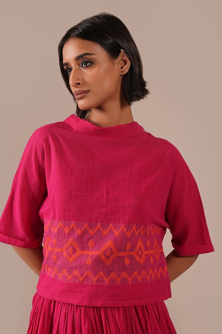 Shop_Indigo Dreams_Pink Cotton Embroidery High Neck Handwoven Jamdani Boxy Top And Gathered Skirt Set 