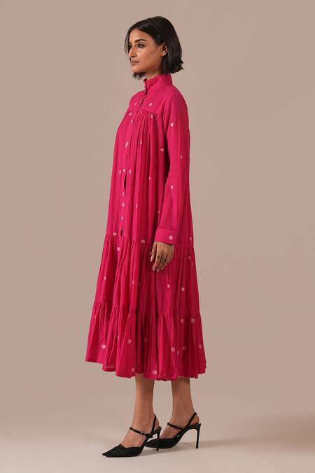 Indigo Dreams Pink Cotton Collared, High Neck Handwoven Jamdani Tiered Shirt Dress Online at Aza Fashions Indigo Dreams_Pink Cotton Collared, High Neck Handwoven Jamdani Tiered Shirt Dress _Online_at_Aza_Fashions
