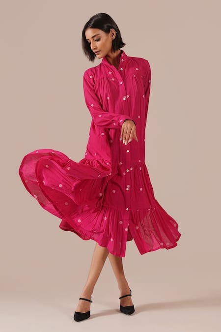 Buy Indigo Dreams Pink Cotton Collared, High Neck Handwoven Jamdani Tiered Shirt Dress Online at Aza Fashions Buy_Indigo Dreams_Pink Cotton Collared, High Neck Handwoven Jamdani Tiered Shirt Dress _Online_at_Aza_Fashions