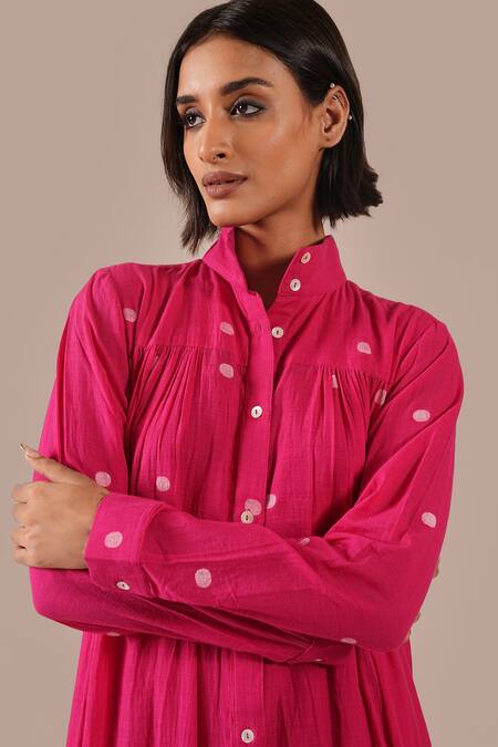 Shop Indigo Dreams Pink Cotton Collared, High Neck Handwoven Jamdani Tiered Shirt Dress Online at Aza Fashions Shop_Indigo Dreams_Pink Cotton Collared, High Neck Handwoven Jamdani Tiered Shirt Dress _Online_at_Aza_Fashions