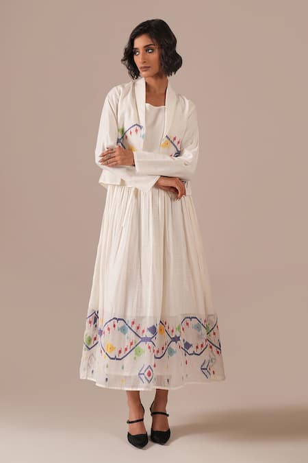 Indigo Dreams_Ivory Cotton Embroidery Square Neck, Handwoven Jamdani Midi Dress Jacket Set _Online_at_Aza_Fashions