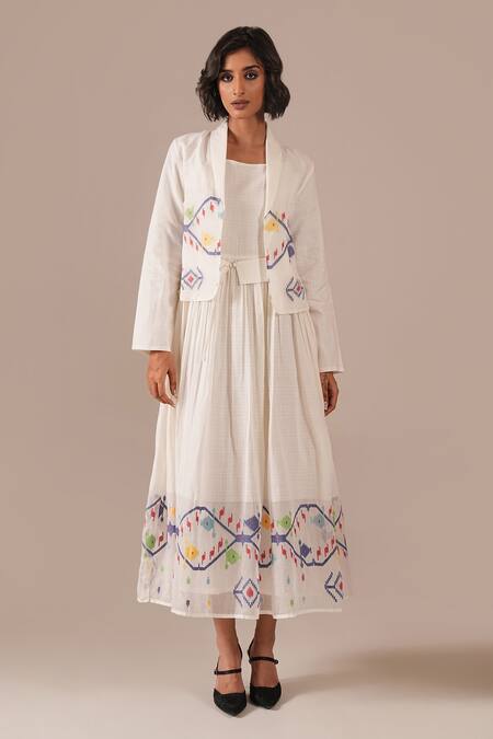 Buy_Indigo Dreams_Ivory Cotton Embroidery Square Neck, Handwoven Jamdani Midi Dress Jacket Set _Online_at_Aza_Fashions
