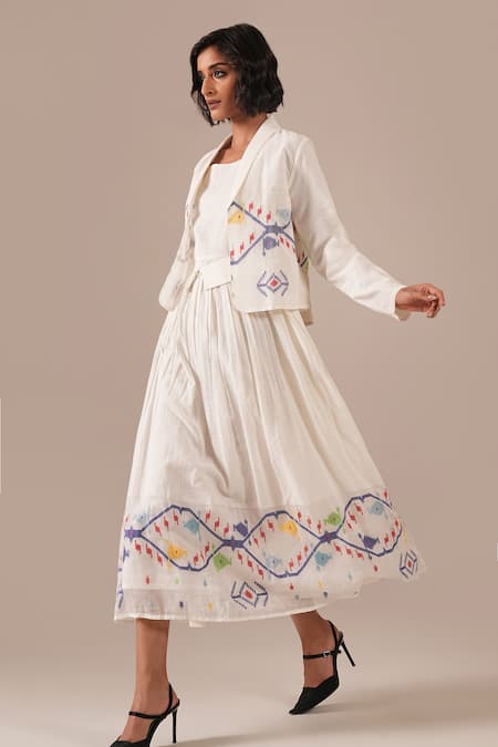 Shop_Indigo Dreams_Ivory Cotton Embroidery Square Neck, Handwoven Jamdani Midi Dress Jacket Set _Online_at_Aza_Fashions