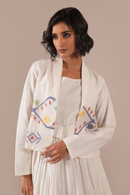Indigo Dreams_Ivory Cotton Embroidery Square Neck, Handwoven Jamdani Midi Dress Jacket Set _at_Aza_Fashions