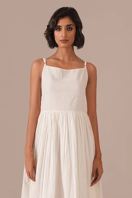 Indigo Dreams_Ivory Cotton Square Neck Jamdani Handwoven Midi Dress With Belt _Online_at_Aza_Fashions