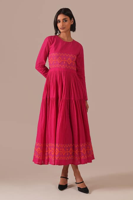 Indigo Dreams Jamdani Geometric Cut-Out Tiered Midi Dress 