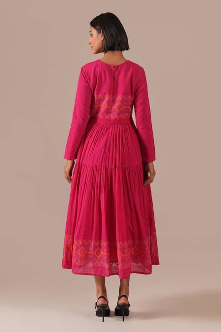 Indigo Dreams Jamdani Geometric Cut-Out Tiered Midi Dress 