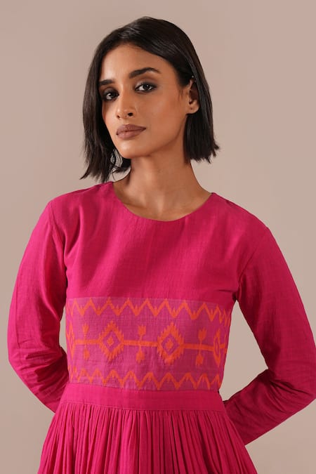 Shop_Indigo Dreams_Red Cotton Embroidery Round Neck Jamdani Geometric Cut-out Tiered Midi Dress _Online_at_Aza_Fashions