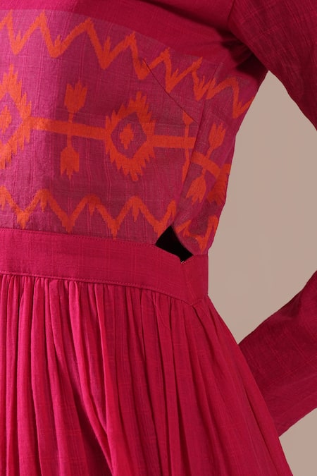 Indigo Dreams_Red Cotton Embroidery Round Neck Jamdani Geometric Cut-out Tiered Midi Dress _at_Aza_Fashions