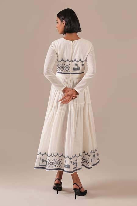 Indigo Dreams Jamdani Geometric Pattern Tiered Midi Dress 