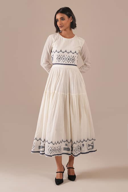 Indigo Dreams Jamdani Geometric Pattern Tiered Midi Dress 