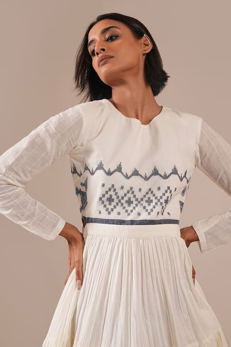 Shop_Indigo Dreams_Ivory Cotton Embroidery Round Neck Jamdani Geometric Pattern Tiered Midi Dress _Online_at_Aza_Fashions