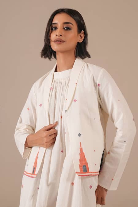 Buy_Indigo Dreams_Ivory Cotton Embroidery Halter Jamdani Handwoven Gathered Dress And Jacket Set _Online_at_Aza_Fashions