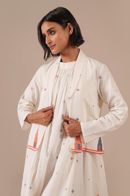 Shop_Indigo Dreams_Ivory Cotton Embroidery Halter Jamdani Handwoven Gathered Dress And Jacket Set _Online_at_Aza_Fashions