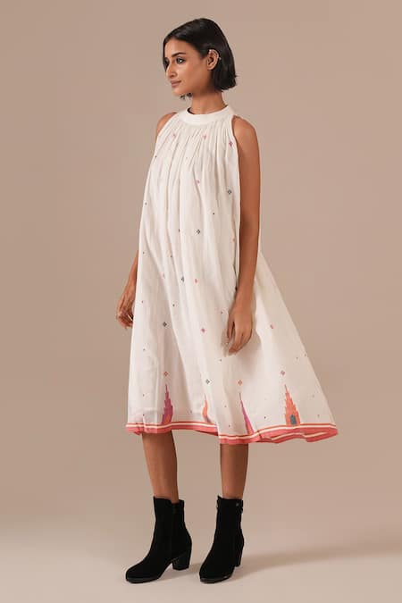 Shop_Indigo Dreams_Ivory Cotton Embroidery Halter Neck Handwoven Jamdani Gathered Dress _Online_at_Aza_Fashions