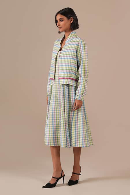 Indigo Dreams_Multi Color Cotton Square Handwoven Jamdani Gingham Dress And Bomber Jacket Set _Online_at_Aza_Fashions