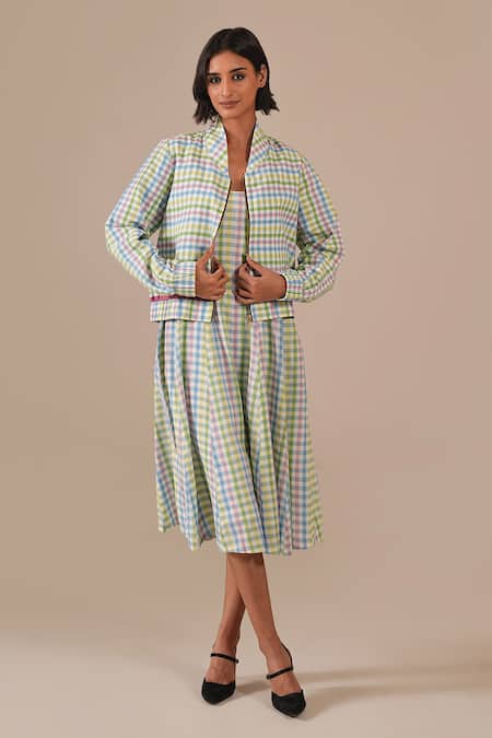 Indigo Dreams Handwoven Jamdani Gingham Dress & Bomber Jacket Set 