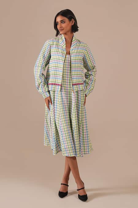 Indigo Dreams Handwoven Jamdani Gingham Dress & Bomber Jacket Set 