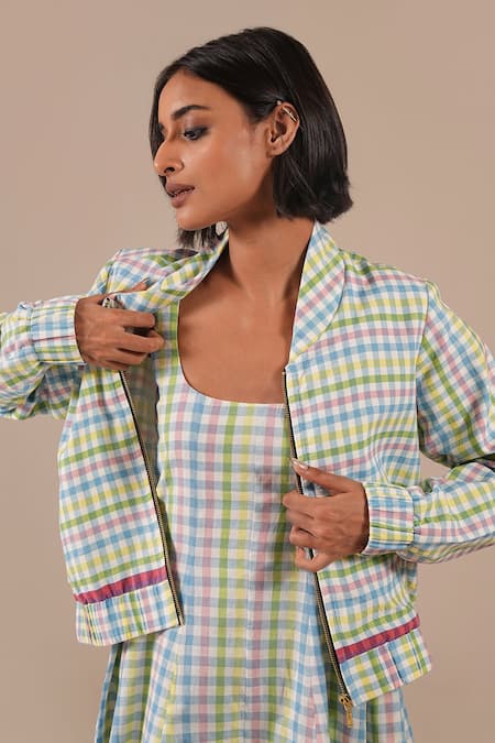 Buy_Indigo Dreams_Multi Color Cotton Square Handwoven Jamdani Gingham Dress And Bomber Jacket Set _Online_at_Aza_Fashions