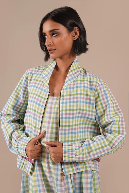 Shop_Indigo Dreams_Multi Color Cotton Square Handwoven Jamdani Gingham Dress And Bomber Jacket Set _Online_at_Aza_Fashions