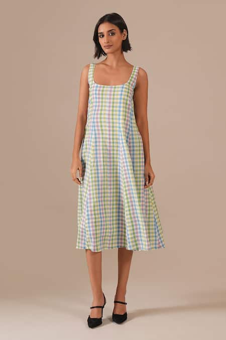 Indigo Dreams Gingham Check Handwoven Jamdani Dress 