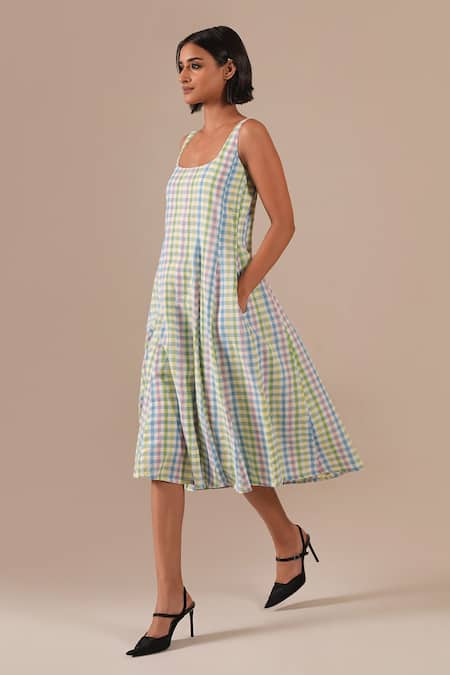 Indigo Dreams_Multi Color Cotton Square Neck Gingham Check Handwoven Jamdani Dress _Online_at_Aza_Fashions