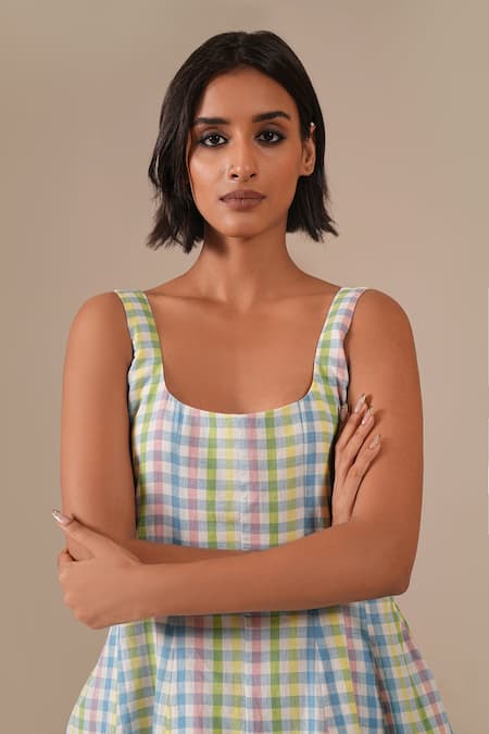 Shop_Indigo Dreams_Multi Color Cotton Square Neck Gingham Check Handwoven Jamdani Dress _Online_at_Aza_Fashions