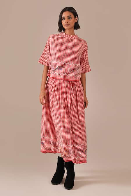 Indigo Dreams Gingham Handwoven Jamdani Top & Gathered Skirt Set 