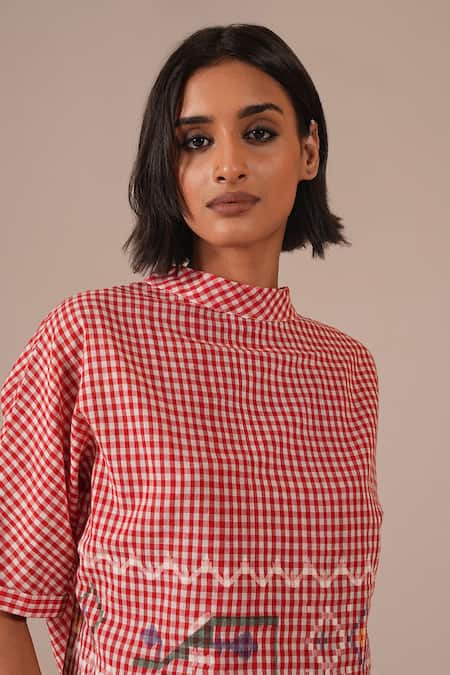 Shop_Indigo Dreams_Red Cotton Embroidery Crew Gingham Handwoven Jamdani Top And Gathered Skirt Set _Online_at_Aza_Fashions