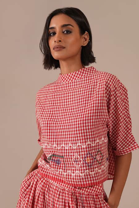 Buy_Indigo Dreams_Red Cotton Embroidery Crew Gingham Handwoven Jamdani Top And Gathered Skirt Set 