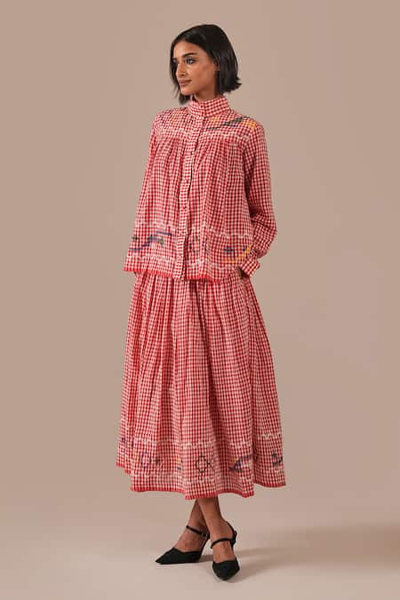 Indigo Dreams_Red Cotton Embroidery High Gingham Jamdani High-collared Top And Gathered Skirt _Online_at_Aza_Fashions