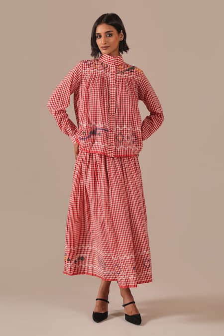 Indigo Dreams Gingham Jamdani High-Collared Top & Gathered Skirt 