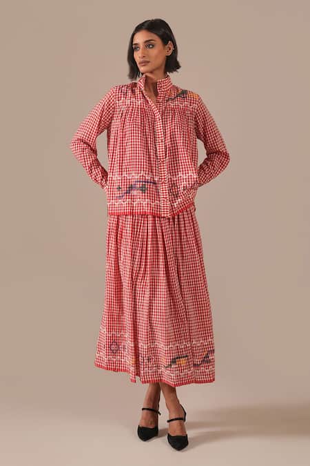 Buy_Indigo Dreams_Red Cotton Embroidery High Gingham Jamdani High-collared Top And Gathered Skirt _Online_at_Aza_Fashions