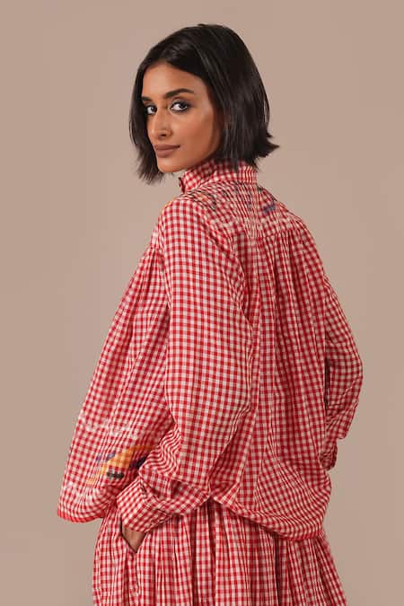 Indigo Dreams Gingham Jamdani High-Collared Top & Gathered Skirt 