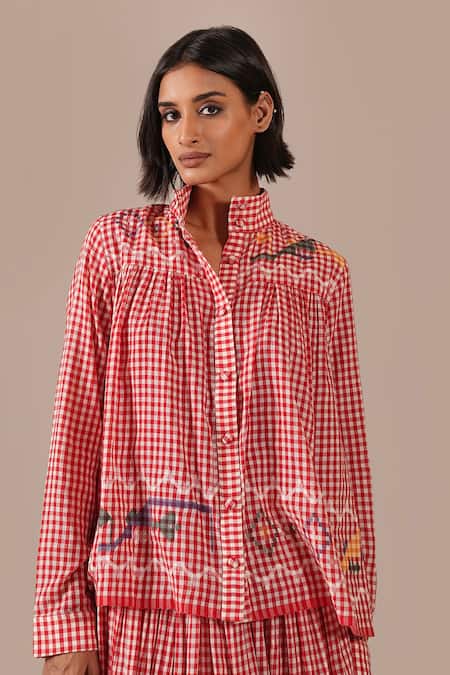 Shop_Indigo Dreams_Red Cotton Embroidery High Gingham Jamdani High-collared Top And Gathered Skirt _Online_at_Aza_Fashions