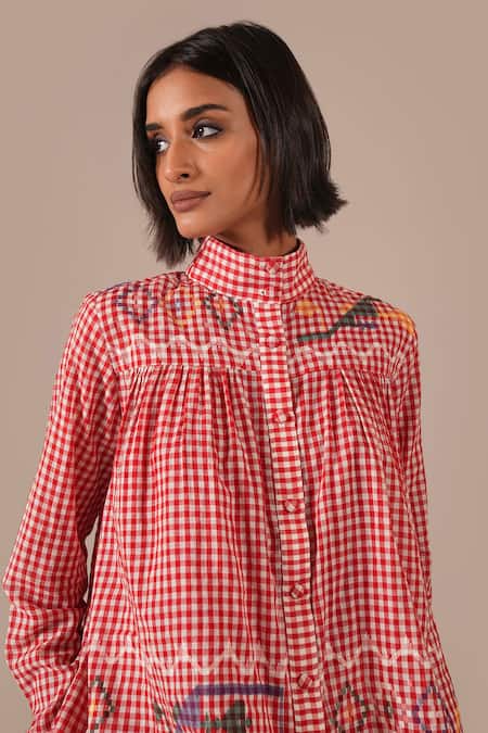 Indigo Dreams_Red Cotton Embroidery High Gingham Jamdani High-collared Top And Gathered Skirt _at_Aza_Fashions