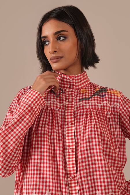 Buy_Indigo Dreams_Red Cotton Embroidery High Gingham Jamdani High-collared Top And Gathered Skirt 