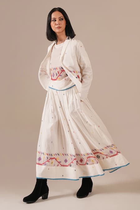 Indigo Dreams_Ivory Cotton Embroidery Round , Open Handwoven Jamdani Top Skirt Set _Online_at_Aza_Fashions