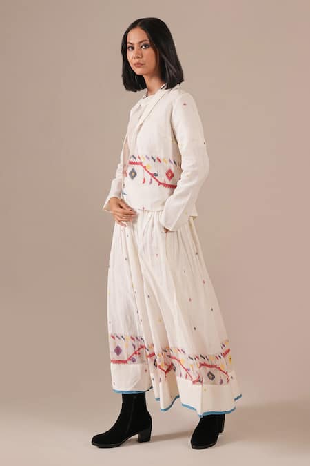 Shop_Indigo Dreams_Ivory Cotton Embroidery Round , Open Handwoven Jamdani Top Skirt Set _Online_at_Aza_Fashions