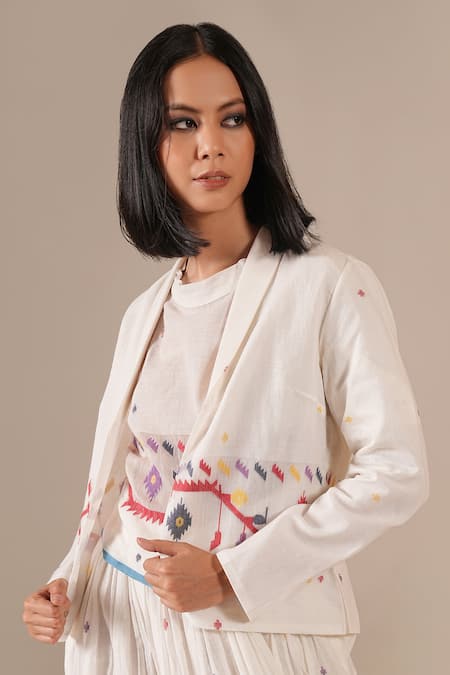 Buy_Indigo Dreams_Ivory Cotton Embroidery Round , Open Handwoven Jamdani Top Skirt Set 