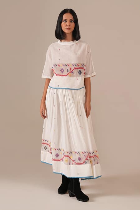 Indigo Dreams Handwoven Jamdani Geometric Top & Gathered Skirt 