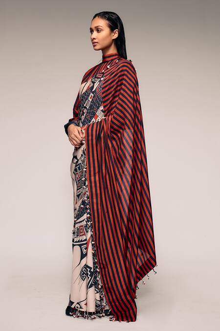 Kritika Murarka_Rust Silk Mata Ortiz And Striped Half-&-half Saree _Online_at_Aza_Fashions