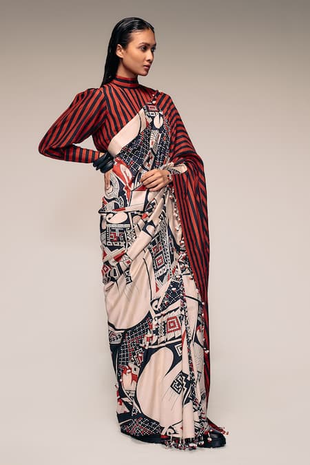 Buy_Kritika Murarka_Rust Silk Mata Ortiz And Striped Half-&-half Saree _Online_at_Aza_Fashions